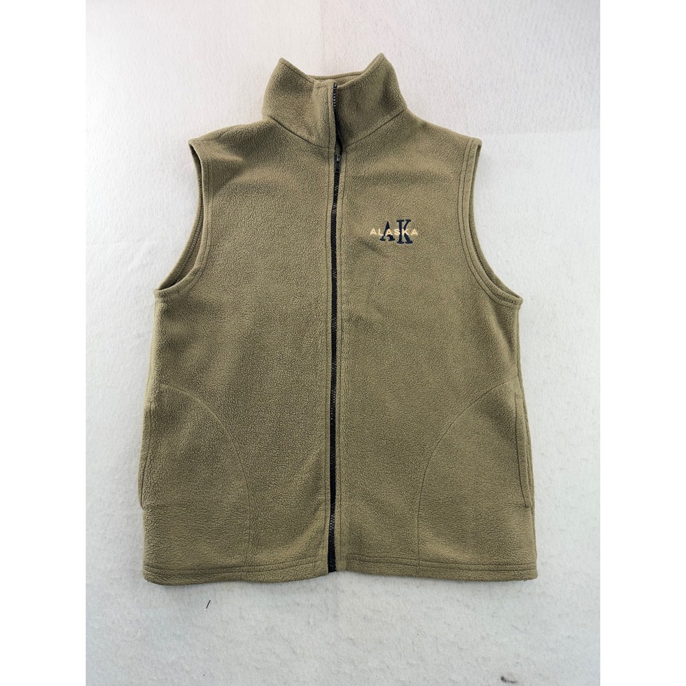 Vintage Alaska AK Fleece Vest Mens Medium Tan Full Zip Sleeveless Jacket USA